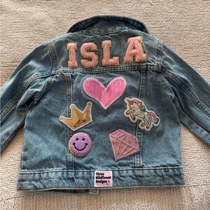 Old Navy Kids Denim Jacket with Fun Patches - size 5 I ISLA on back.